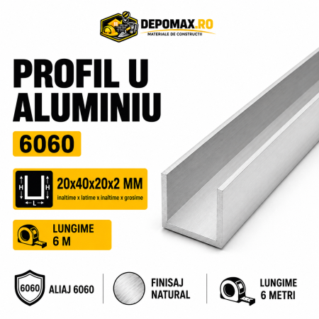 Profil U aluminiu 20 x 40 x 20 x 2 mm, 6 metri